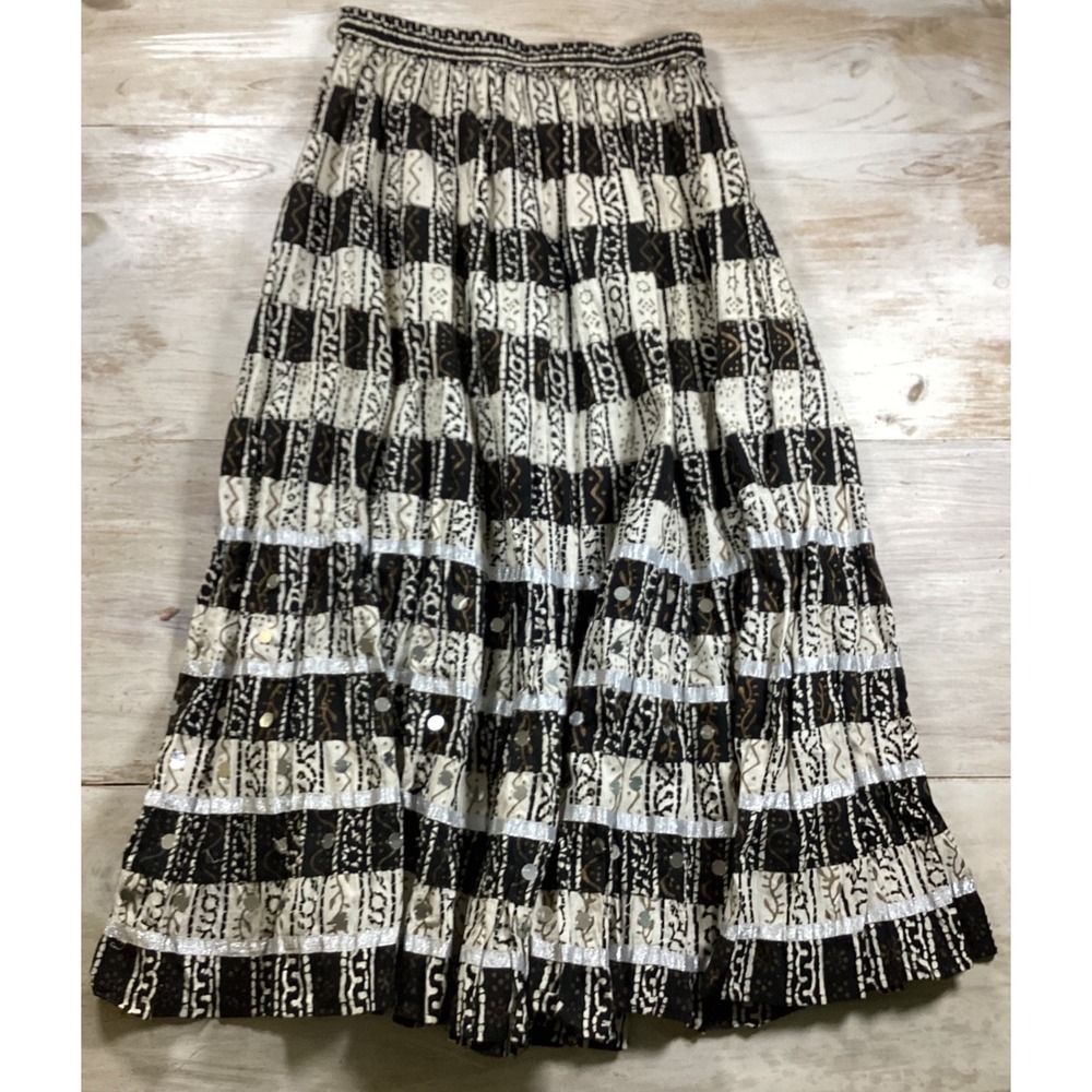 Sacred Threads Black White Block Print Sequin Cotton Maxi Skirt One Size India